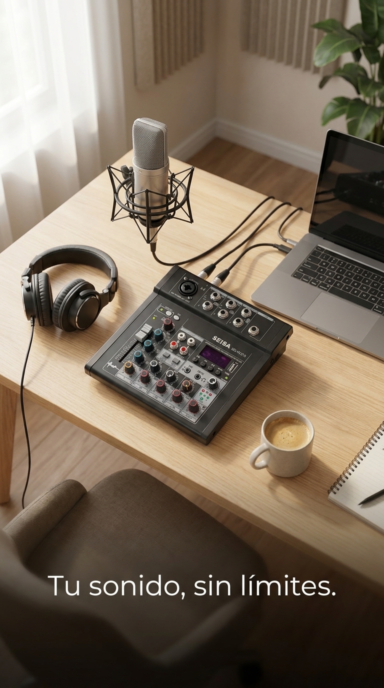 Pieza publicitaria profesional con beneficios de la consola mezcladora