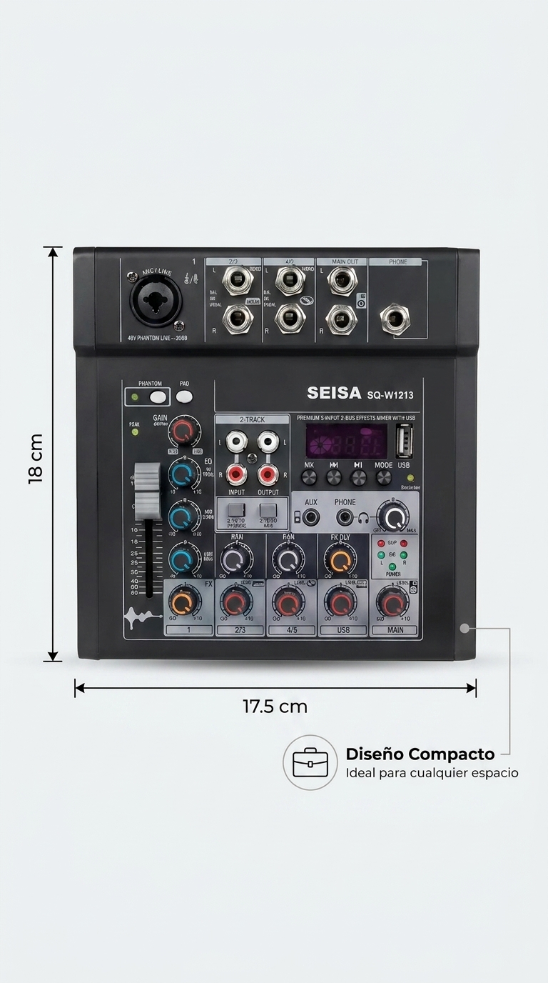 Infografía profesional de dimensiones de la consola mezcladora