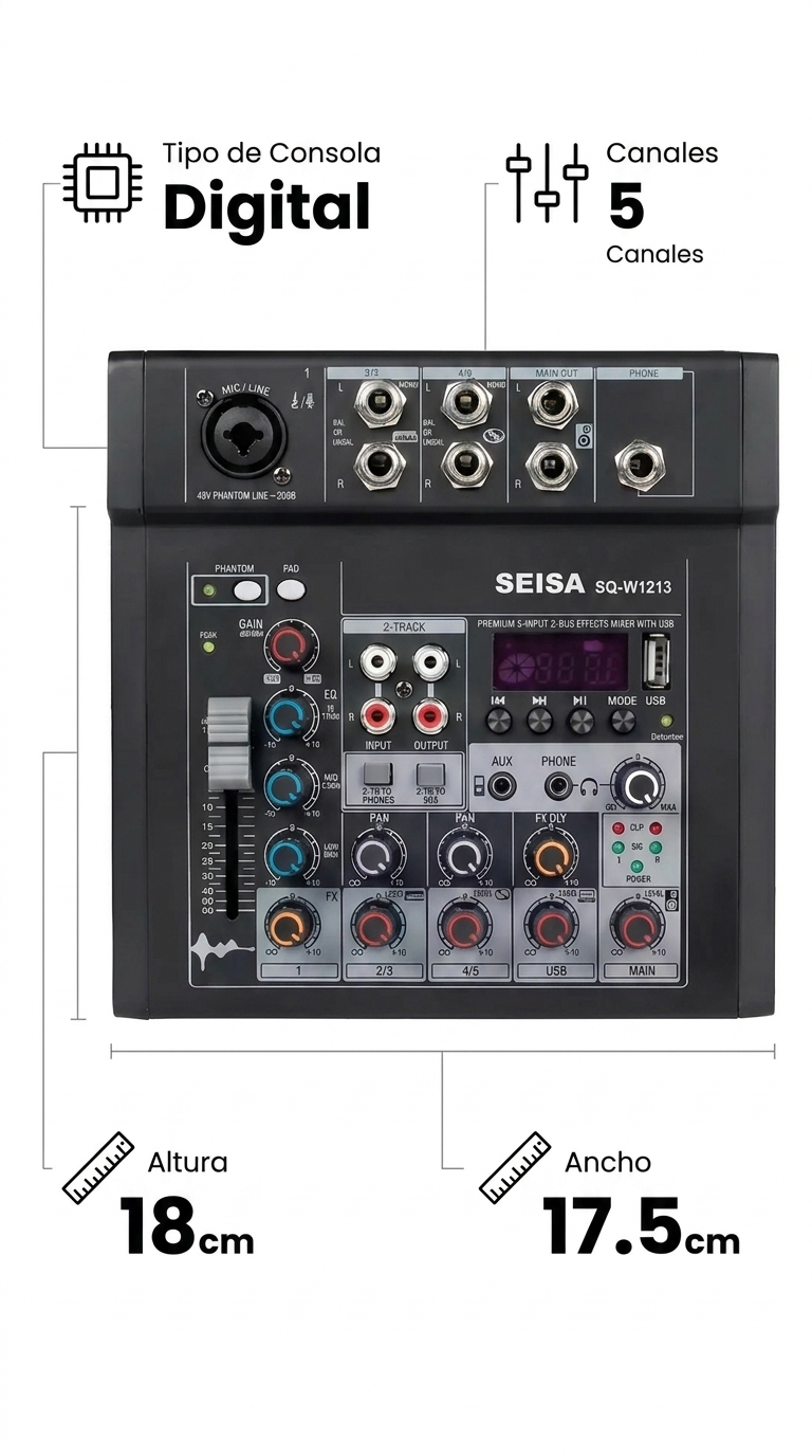 Pieza profesional con especificaciones técnicas de la consola mezcladora