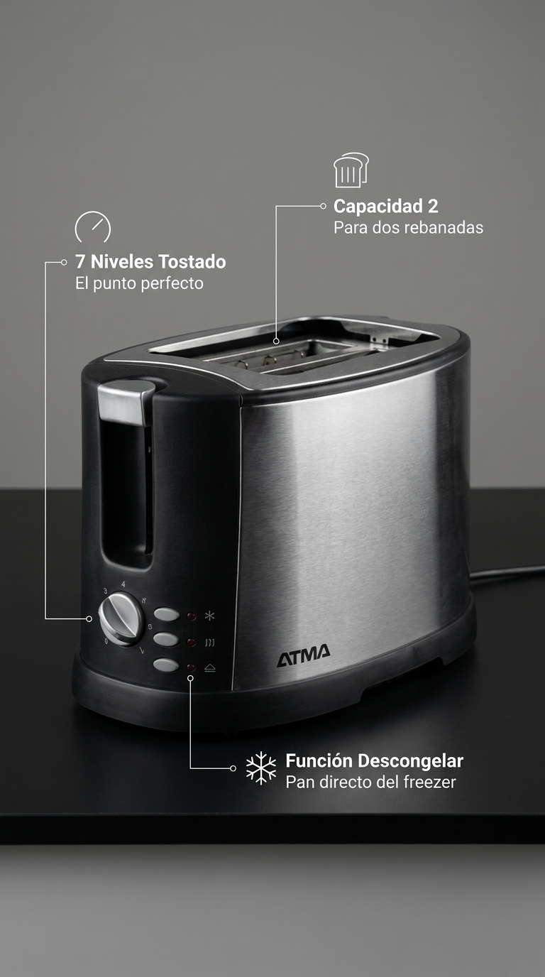 Pieza profesional con características de la tostadora Atma