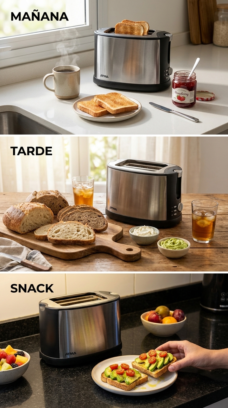 Composición profesional de la tostadora Atma en distintos momentos de uso
